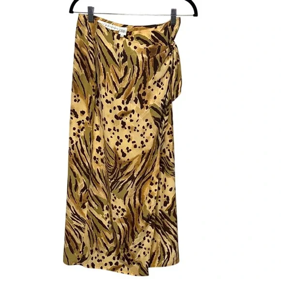 Paul Alexander Silk Wrap Skirt Size 10 Brown Green Tan Animal Print Midi - Picture 1 of 3